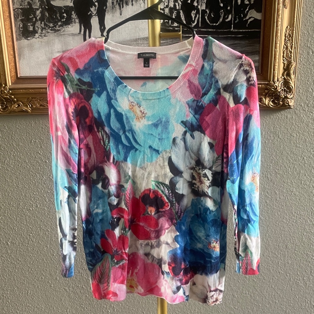 Talbots Multicolor Floral Scoop Neck Long Sleeve Top - Blue, Pink, Red